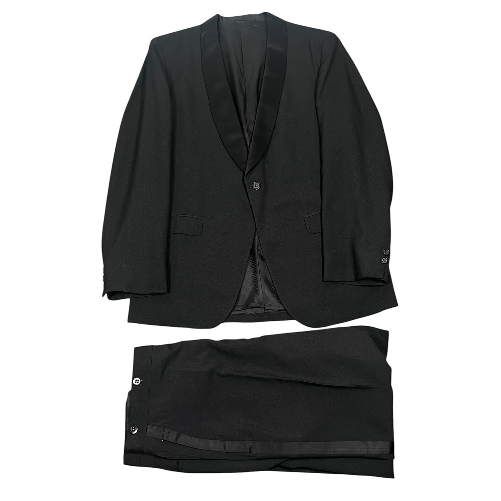 Tuxedoland 1960s Tuxedo Suit Men Black Shawl Lapel Satin Trim 2pc 40R 32X28